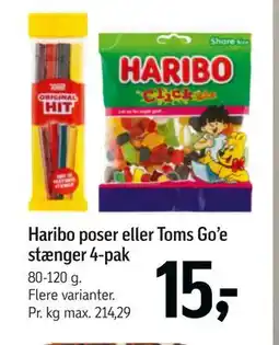 Føtex Haribo poser eller Toms Go’e stænger 4-pak, DKK 15 tilbud