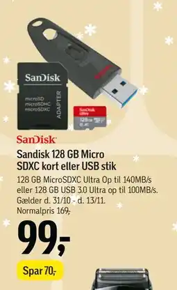 Føtex Sandisk 128 GB Micro SDXC kort eller USB stik, DKK 99 tilbud
