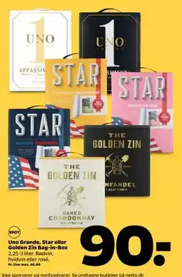 Netto Uno Grande, Star eller Golden Zin Bag-in-Box, DKK 90 tilbud