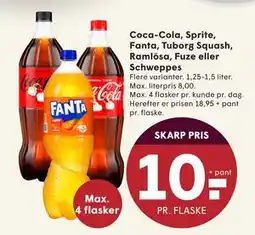 SPAR Coca-Cola, Sprite, Fanta, Tuborg Squash, Ramlösa, Fuze eller Schweppes, DKK 10 tilbud