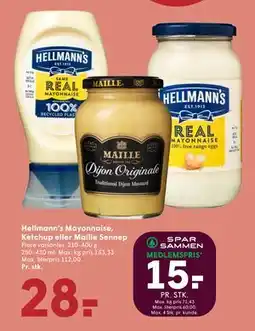 SPAR Hellmann’s Mayonnaise, Ketchup eller Maille Sennep, DKK 28, App-pris tilbud