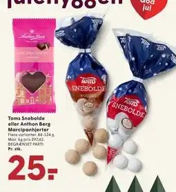 SPAR Toms Snebolde eller Anthon Berg Marcipanhjerter, DKK 25 tilbud