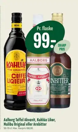 Min Købmand Aalborg Taffel Akvavit, Kahlúa Likør, Malibu Original eller Arnbitter, DKK 99 tilbud