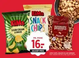 MENY KIMS CHIPS, SNACKS ELLER NØDDER, DKK 16 tilbud