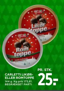 MENY CARLETTI LIKØR ELLER ROMTOPPE, DKK 25 tilbud