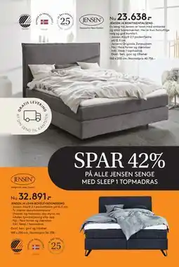SENG SPAR 42% PÅ ALLE JENSEN SENGE MED SLEEP 1 TOPMADRAS tilbud