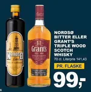NORDSØ BITTER ELLER GRANT’S TRIPLE WOOD SCOTCH WHISKY, DKK 99