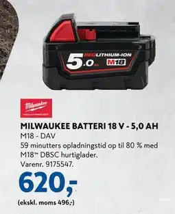 Davidsen MILWAUKEE BATTERI 18 V - 5,0 AH, DKK 620 tilbud