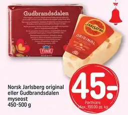 REMA 1000 Norsk Jarlsberg original eller Gudbrandsdalen myseost 450-500 g, DKK 45 tilbud