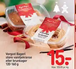 REMA 1000 Vorgod Bageri store vaniljekranse eller brunkager 120-160 g, DKK 15 tilbud