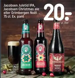 REMA 1000 Jacobsen Juletid IPA, Jacobsen Christmas ale eller Grimbergen Noël 75 cl. Ex. pant, DKK 20 tilbud