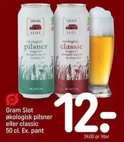 REMA 1000 Gram Slot økologisk pilsner eller classic 50 cl. Ex. pant, DKK 12 tilbud