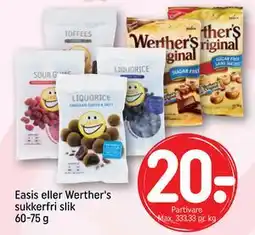 REMA 1000 Easis eller Werther's sukkerfri slik 60-75 g, DKK 20 tilbud