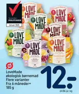 REMA 1000 LoveMade økologisk børnemad Flere varianter Fra 6 måneder+ 185 g, DKK 12 tilbud
