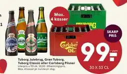 SPAR Tuborg Julebryg, Grøn Tuborg, Tuborg Classic eller Carlsberg Pilsner, DKK 99 tilbud