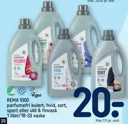 REMA 1000 REMA 1000 parfumefri kulørt, hvid, sort, sport eller uld & finvask 1 liter/18-33 vaske, DKK 20 tilbud