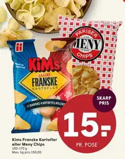 SPAR Kims Franske Kartofler eller Meny Chips, DKK 15 tilbud