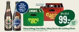 Min Købmand Tuborg Julebryg, Grøn Tuborg, Tuborg Classic eller Carlsberg Pilsner, DKK 99 tilbud