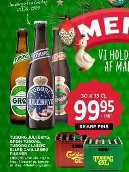 MENY TUBORG JULEBRYG, GRØN TUBORG, TUBORG CLASSIC ELLER CARLSBERG PILSNER, DKK 99.95 tilbud