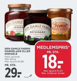 MENY DEN GAMLE FABRIK MARMELADE ELLER RIBSGELÉ, DKK 29, Medlemspris tilbud