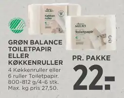 MENY GRØN BALANCE TOILETPAPIR ELLER KØKKENRULLER, DKK 22 tilbud