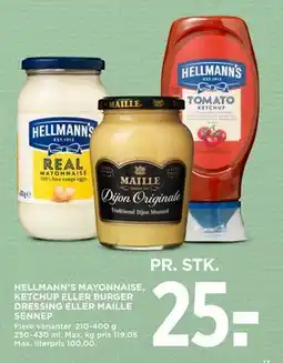 MENY HELLMANN’S MAYONNAISE, KETCHUP ELLER BURGER DRESSING ELLER MAILLE SENNEP, DKK 25 tilbud