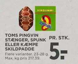 MENY TOMS PINGVIN STÆNGER, SPUNK ELLER KÆMPE SKILDPADDE, DKK 5 tilbud