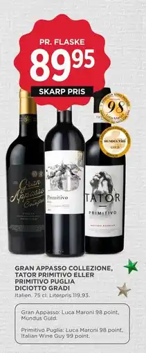 MENY GRAN APPASSO COLLEZIONE, TATOR PRIMITIVO ELLER PRIMITIVO PUGLIA DICIOTTO GRADI, DKK 89.95 tilbud