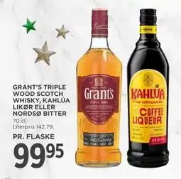 MENY GRANT’S TRIPLE WOOD SCOTCH WHISKY, KAHLÚA LIKØR ELLER NORDSØ BITTER, DKK 99.95 tilbud