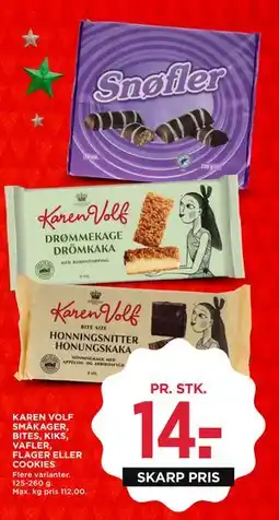 MENY KAREN VOLF SMÅKAGER, BITES, KIKS, VAFLER, FLAGER ELLER COOKIES, DKK 14 tilbud