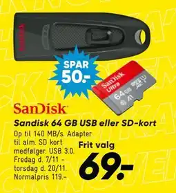 Bilka Sandisk 64 GB USB eller SD-kort, DKK 69 tilbud