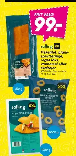 Bilka Fiskefilet, blæksprutteringe, røget laks, vannamei eller skalrejer, DKK 99 tilbud