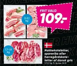 Bilka Nakkekoteletter, spareribs eller herregårdskoteletter af dansk gris, DKK 109 tilbud
