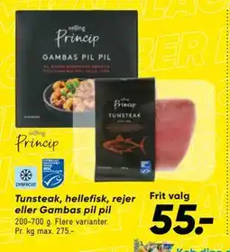 Bilka Tunsteak, hellefisk, rejer eller Gambas pil pil, DKK 55 tilbud