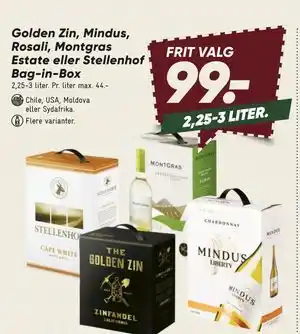 Golden Zin, Mindus, Rosali, Montgras Estate eller Stellenhof Bag-in-Box, DKK 99
