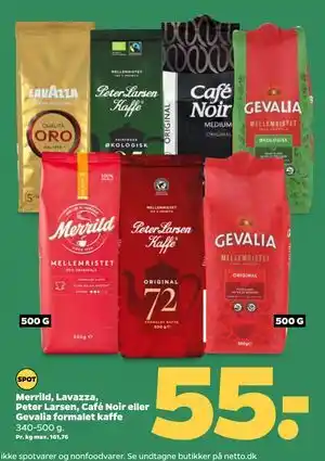 Merrild, Lavazza, Peter Larsen, Café Noir eller Gevalia formalet kaffe, DKK 55