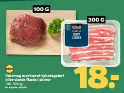 Netto Velsmag marineret tykstegsbøf eller dansk flæsk i skiver, DKK 18 tilbud