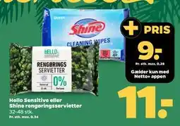 Netto Hello Sensitive eller Shine rengøringsservietter, DKK 11, App-pris tilbud