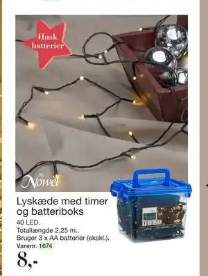 Lyskæde med timer og batteriboks, DKK 8