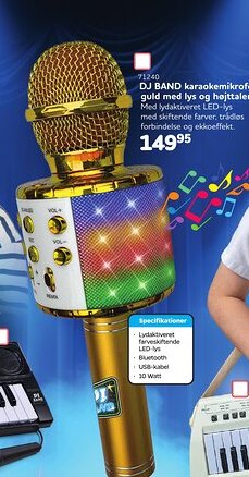 Buddy Leg DJ BAND karaokemikrofon i guld med lys og højttaler tilbud