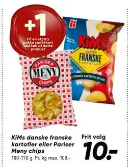 Bilka KiMs danske franske kartofler eller Pariser Meny chips, DKK 10 tilbud