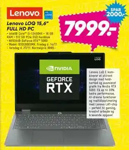 Bilka Lenovo LOQ 15,6” FULL HD PC, DKK 7999 tilbud