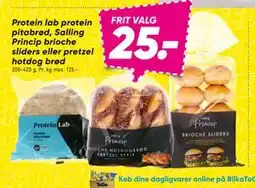 Bilka Protein lab protein pitabrød, Salling Princip brioche sliders eller pretzel hotdog brød, DKK 25 tilbud