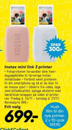Bilka Instax mini link 3 printer, DKK 699 tilbud