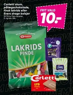 Bilka Carletti skum, pålægschokolade, finsk lakrids eller Evers drage bolsjer, DKK 10 tilbud