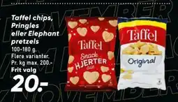 Bilka Taffel chips, Pringles eller Elephant pretzels, DKK 20 tilbud