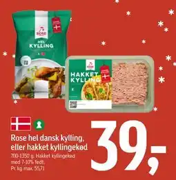 Føtex Rose hel dansk kylling, eller hakket kyllingekød, DKK 39 tilbud