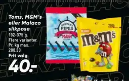 Bilka Toms, M&M’s eller Malaco slikpose, DKK 40 tilbud