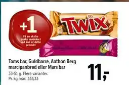 Føtex Toms bar, Guldbarre, Anthon Berg marcipanbrød eller Mars bar, DKK 11 tilbud