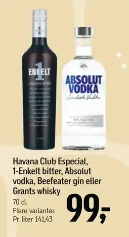 Føtex Havana Club Especial, 1-Enkelt bitter, Absolut vodka, Beefeater gin eller Grants whisky, DKK 99 tilbud